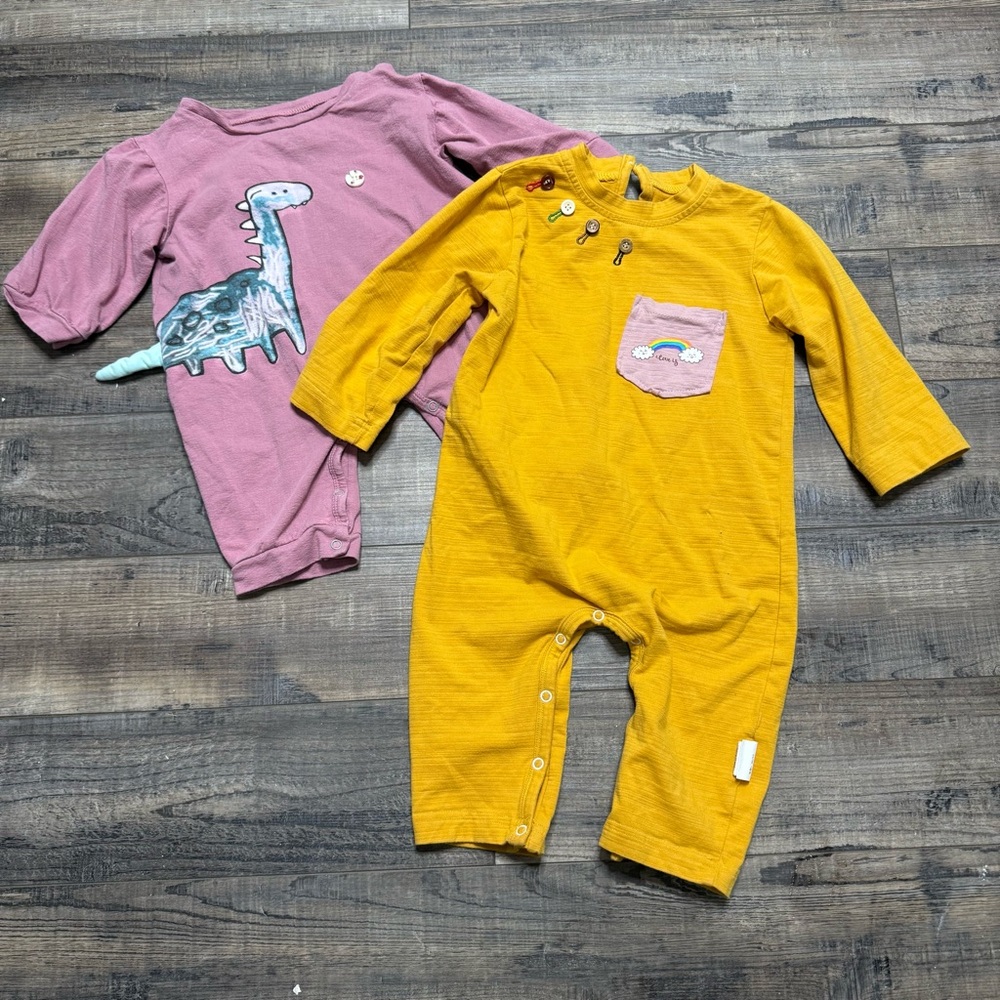 Twinkle Mcdull Pink Yellow Baby Rompers with Dinosaur and Rainbow
